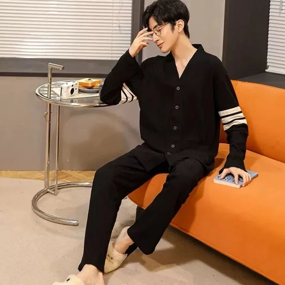 Men's Pajama Set Classic Sleepwear Button Down Loungewear with Long Pants - Picture 3 of 3